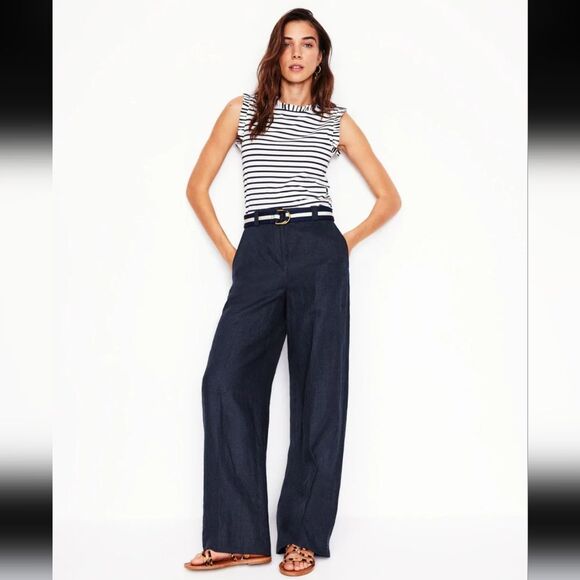 Boden Westbourne Linen Trouser Pant Sz 2L Navy Wide Leg Nautical - Picture 1 of 13